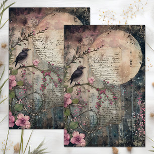 PAPEL DE SEDA LUNA LLENA Y AVE DECOUPAGE DE TÉCNICA MIXTA