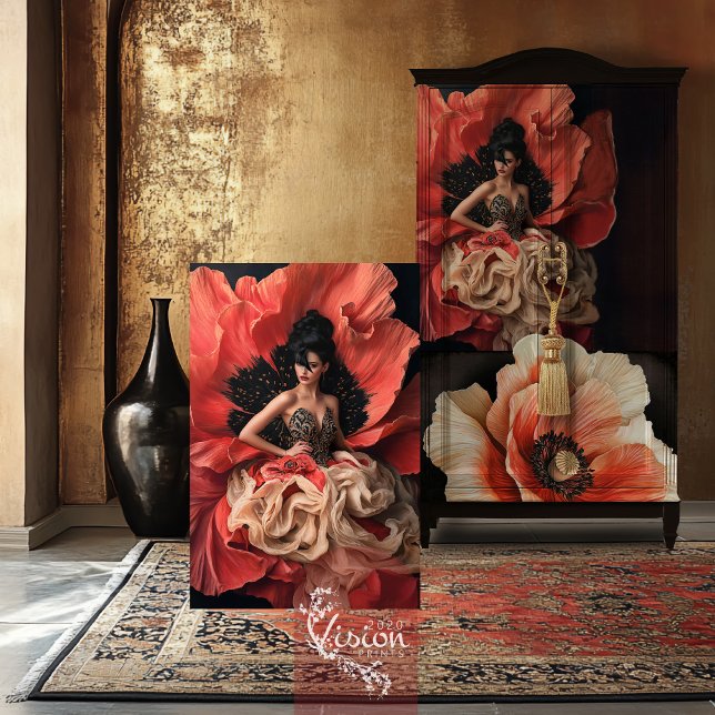 Papel De Seda Luxe Poppy Plumes Portrait Bouffant Couture (Red Coral, Luxe Poppy Blooms, Elegant bouffant couture, portrait art decoupage tissue paper. )