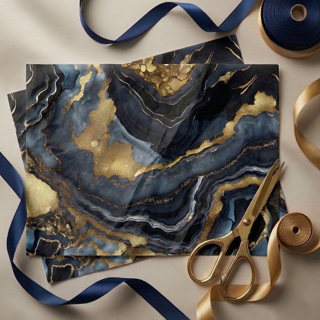 Papel De Seda Luxury Navy Blue Black Faux Gold Marble Agate (Subido por el creador)