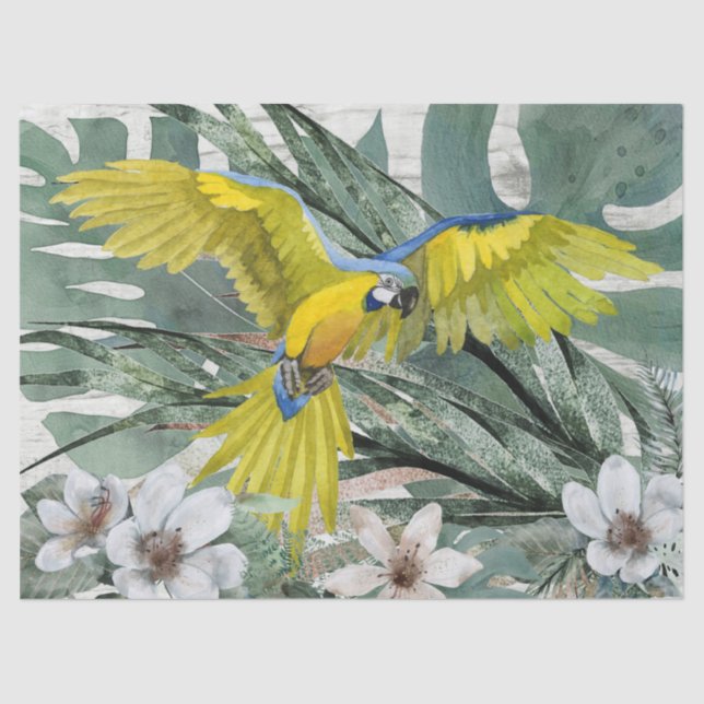 Papel De Seda Macaw Parrot Floral Azul Amarillo Tropical (Anverso)