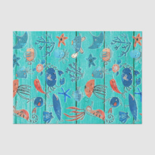 Papel De Seda Madera rústica azul turquesa y amigos caprichosos