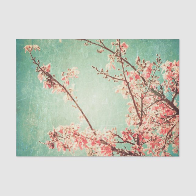 Papel De Seda Madera y flor de cerezo verde azuladas llevadas (Anverso)