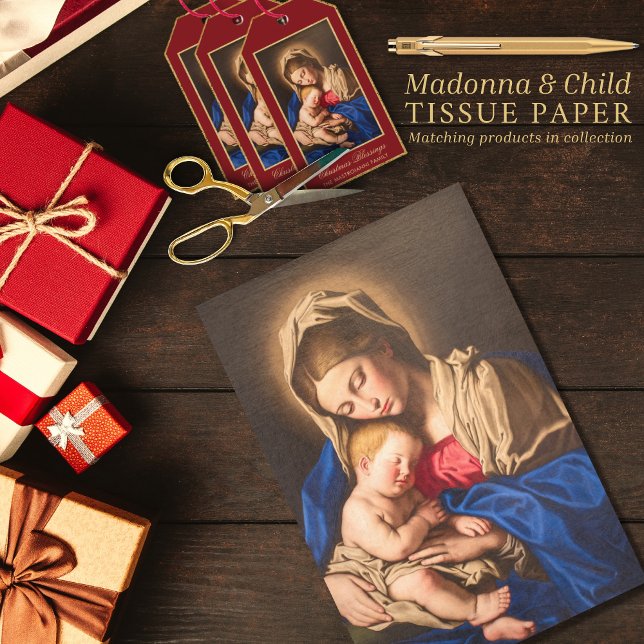 Papel De Seda Madonna y niños Navidades religiosos tradicionales (Madonna and Child religious Christmas tissue paper for gift wrapping in red and gold)