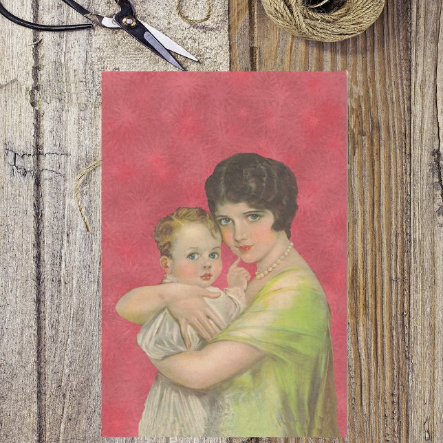 Papel De Seda Madre de la época de 1930 sosteniendo el día de la (Vintage 1930's mother holding baby on red starburst pattern tissue paper.)