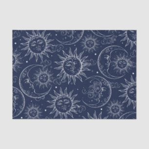 Papel De Seda Magia Azul Vintage Sol Celestial Luna Estrellas