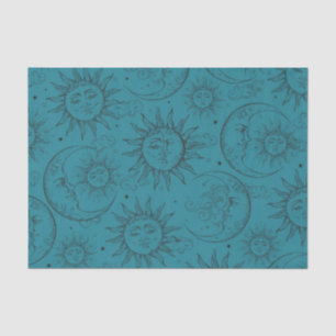 Papel De Seda Magia Teal Vintage Celestial Sol Luna Estrellas