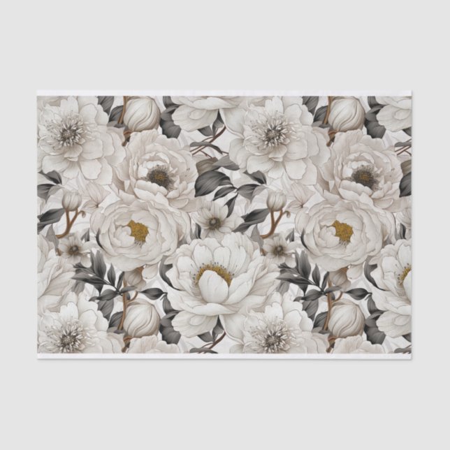 Papel De Seda Magnífico patrón de Ilustracion de White Peonies (Anverso)