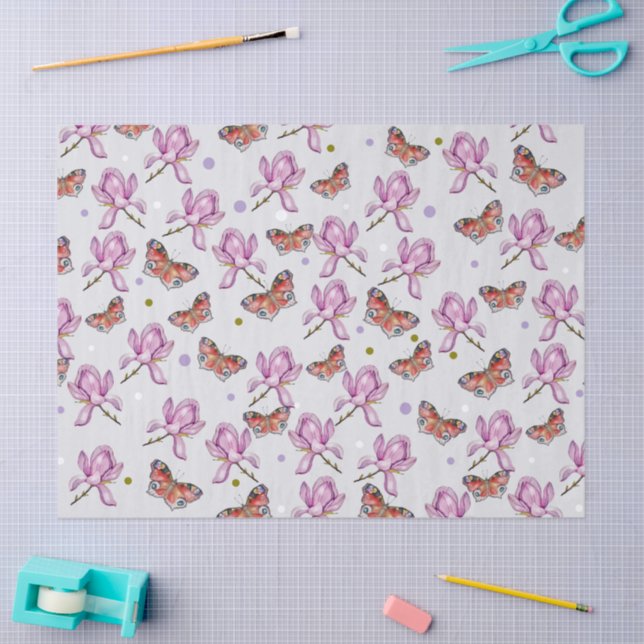 Papel De Seda Magnolia and butterflies, watercolor pattern (Artesanía)