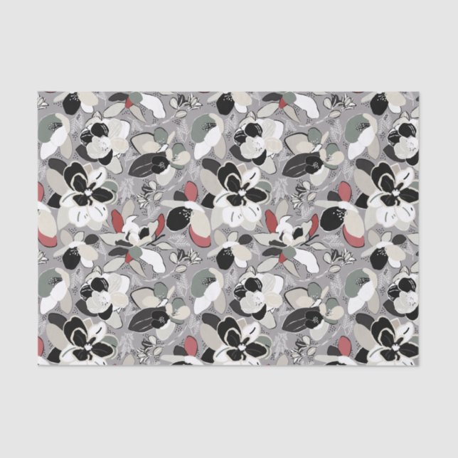 Papel De Seda Magnolia de invierno gris negro floral (Anverso)