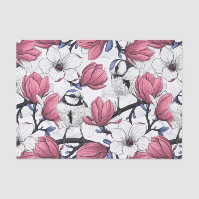 Papel De Seda Magnolia rosa y aves azules (Anverso)