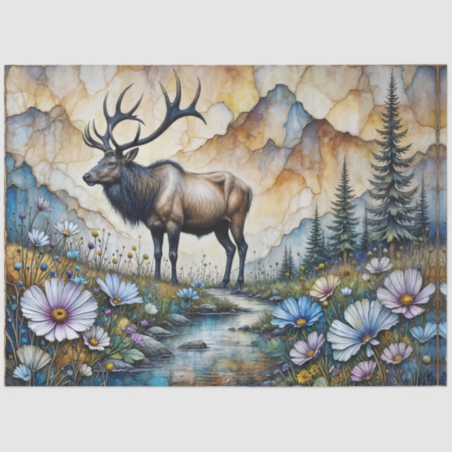 Papel De Seda Majestic Elk in floral mountain valley (Anverso)