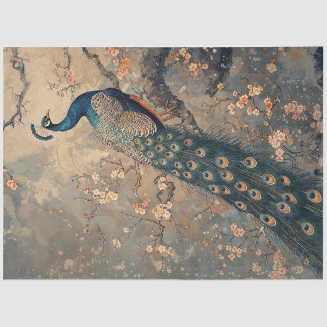 Papel De Seda Majestic Peacock en medio de flores de cerezo (Anverso)