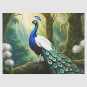 Papel De Seda Majestuoso pavo real blanco y azul en bosque