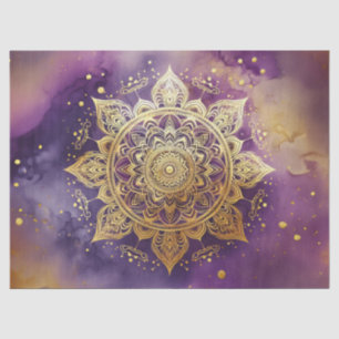 Papel De Seda Mandala dorado sobre decoupage de acuarela púrpura