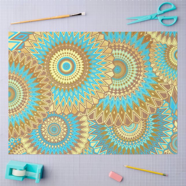 Papel De Seda Mandalá superpuesto azul marrón dorado (Artesanía)