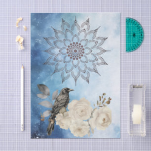 Papel De Seda Mandalas Cuervo Negro Flores Blancas Fondo Azul