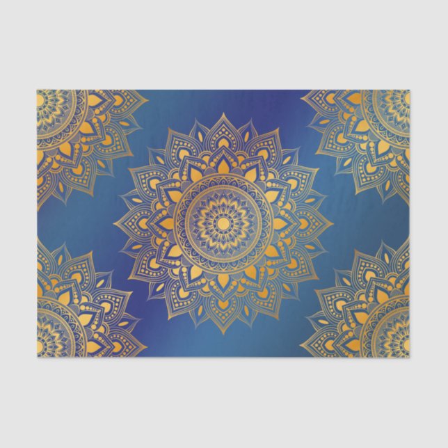 Papel De Seda Mandalas de tono dorado en desembarco azul (Anverso)