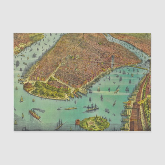 Papel De Seda Mapa Antiguo de Nueva York Vista de Pájaro (Anverso)