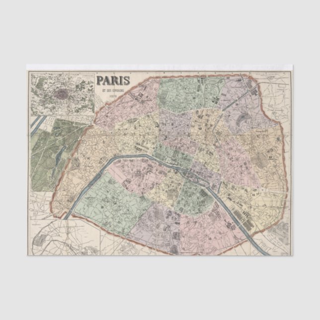 Papel De Seda Mapa Antiguo de París Francia Decoupage Ephemera (Anverso)