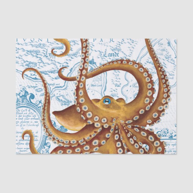 Papel De Seda Mapa de cosecha azul octopus marrón (Anverso)