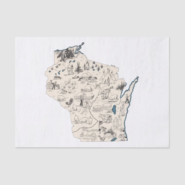 Papel De Seda Mapa de imágenes de época de Wisconsin (Anverso)