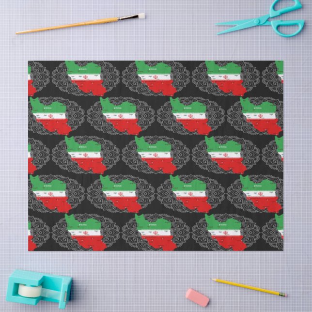 Papel De Seda Mapa de Irán con bandera y emblema (Artesanía)