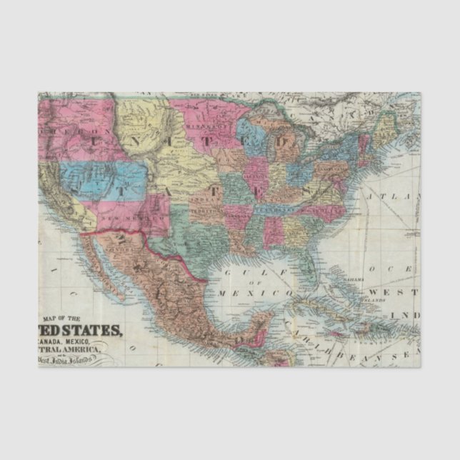 Papel De Seda Mapa de los Estados Unidos, Canadá, México (Anverso)