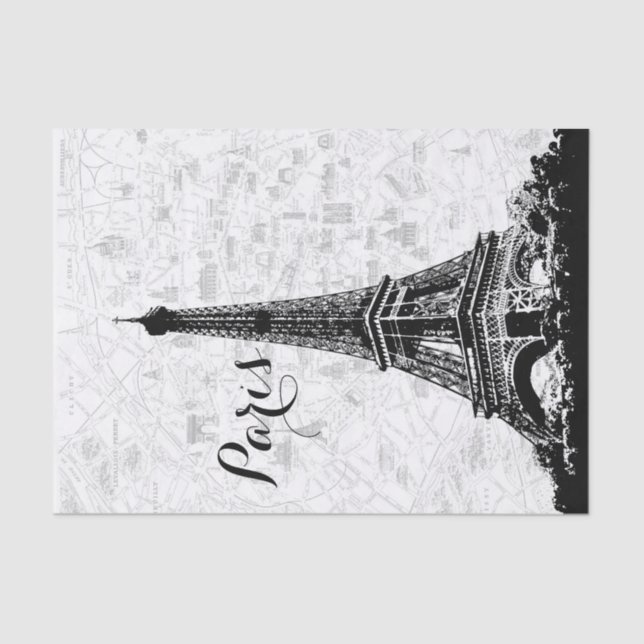 Papel De Seda Mapa de París de época Torre Eiffel Blanco y Negro (Anverso)