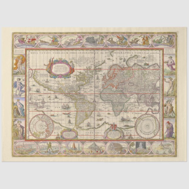 Papel De Seda Mapa del mundo medieval (por Willem Blaeu) (Anverso)