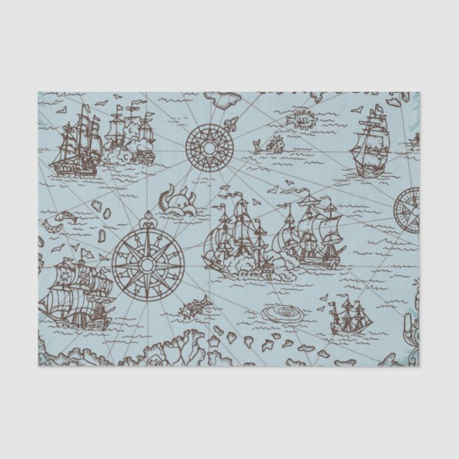 Papel De Seda Mapa del tesoro pirata azul náutico (Anverso)