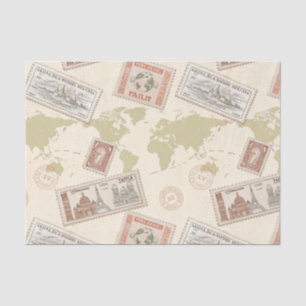 Papel De Seda Mapa Mundial de Sellos Postales Vintage de Viajes