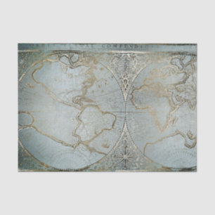 Papel De Seda Mapa Mundial Vintage Dorado Gris Azul