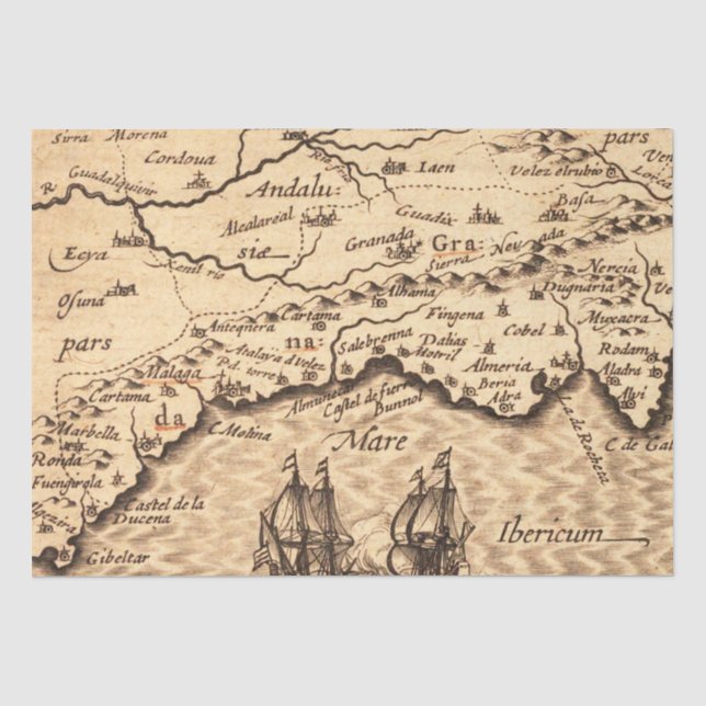Papel De Seda Mapa vintage de la costa española con galeones de  (Anverso)