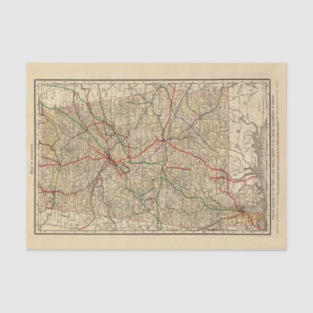 Papel De Seda Mapa vitícola del ferrocarril de Alabama (1888) (Anverso)