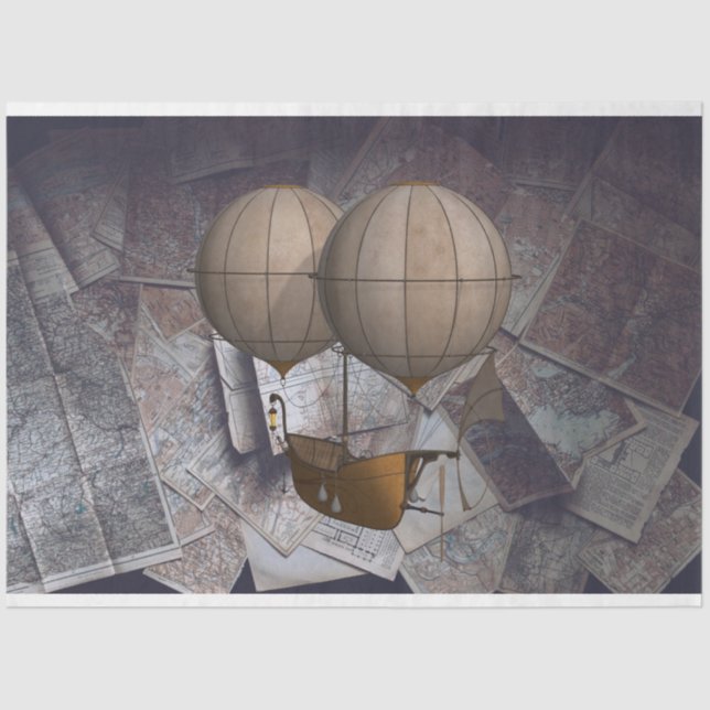 Papel De Seda Maps Hot Air Balloon Fantasy Ship Decoup (Anverso)