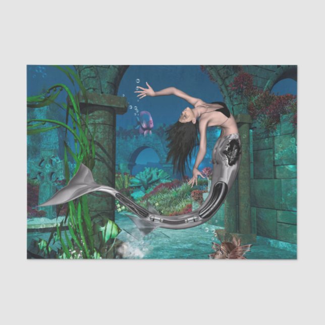 Papel De Seda Maravillosa sirena con peces de fantasía (Anverso)