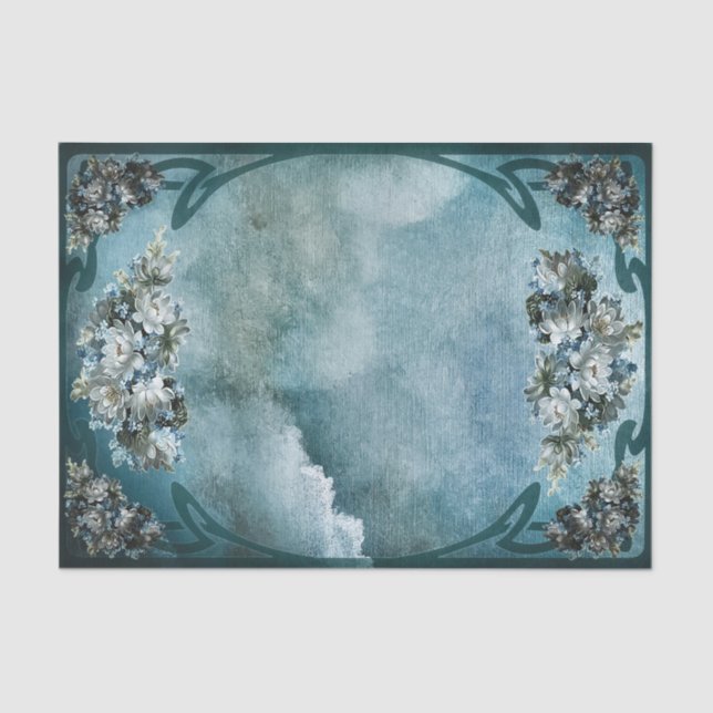 Papel De Seda Marco de flores blancas y azules claras de estilo  (Anverso)