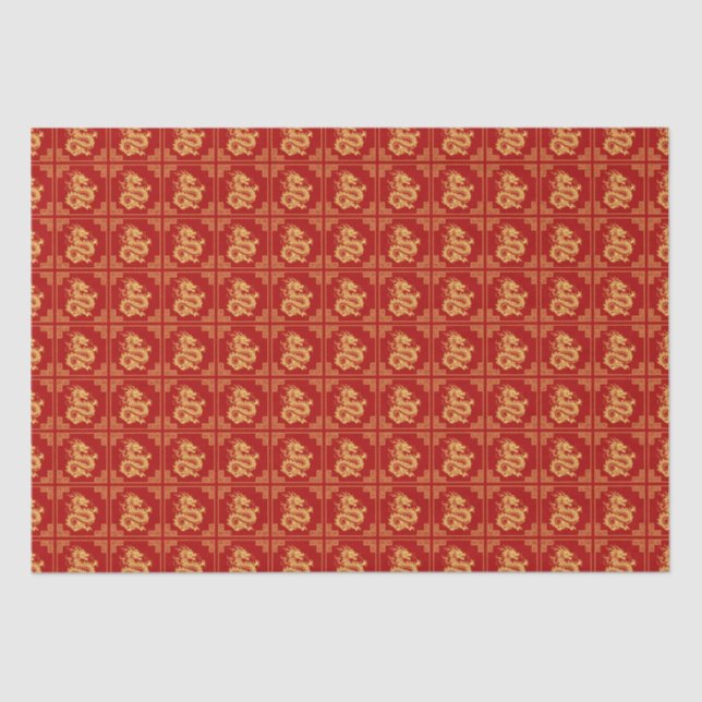 Papel De Seda Marco de Ornamento Griego Patrón Dragón Oro Rojo (Anverso)