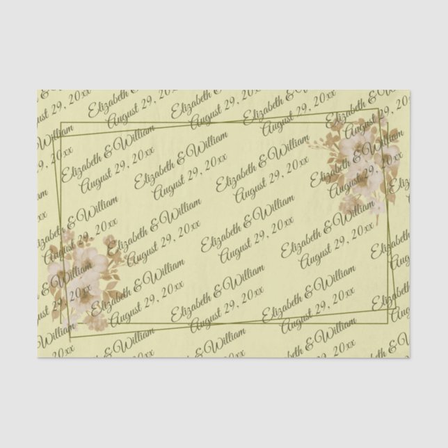 Papel De Seda Marco de Rosa – Monograma Celestial Amarillo Boda (Anverso)