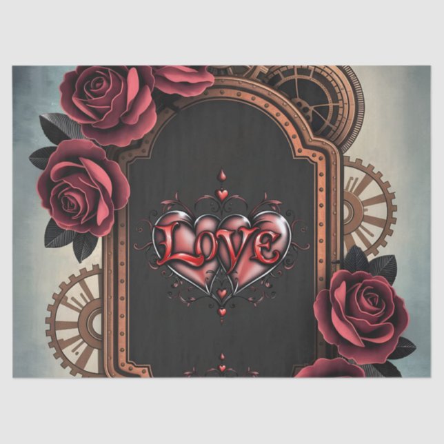 Papel De Seda Marco Steampunk con rosas y engranajes rojos (Anverso)