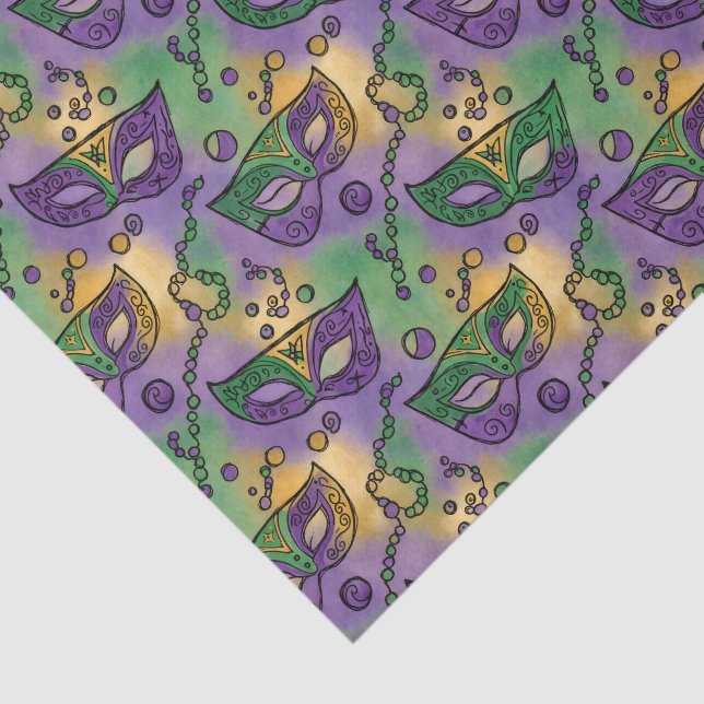 Papel De Seda Mardi Gras Masks and Beads Purple Green Yellow (Detalle)