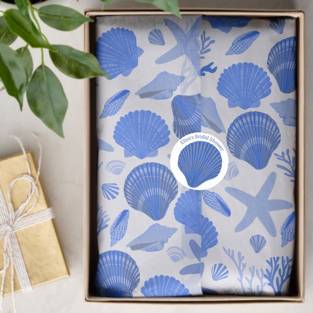 Papel De Seda Marejadas azules y motivos corales blancos (Blue Seashells and Coral Pattern Hand Drawn Blue White Preppy Chic Beach Tissue Paper
)