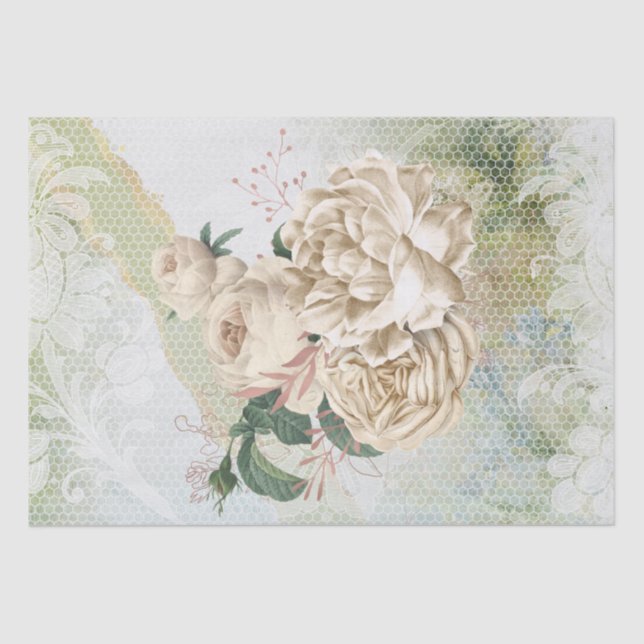 Papel De Seda Marfil-Rosa-Oro Floral Lace Bouquet Decoupage (Anverso)
