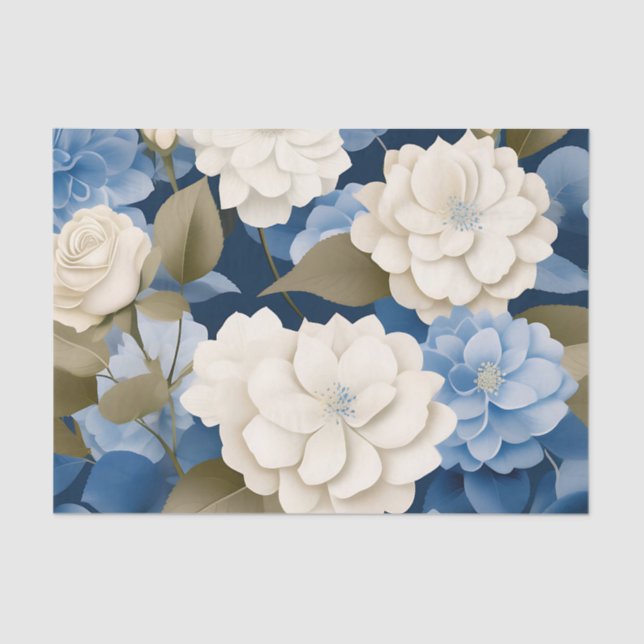 Papel De Seda Marfil y Blue Hydrangea Serenity Floral (Anverso)