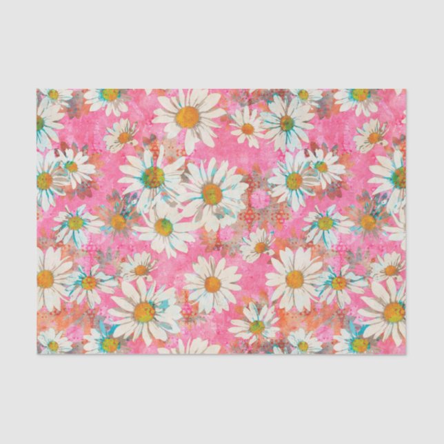 Papel De Seda Margaritas blancas en estampado de flores rosado (Anverso)