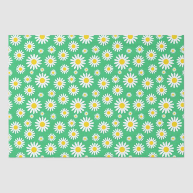 Papel De Seda Margaritas Blancas Lindas de Verano en Verde (Anverso)