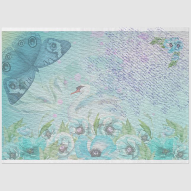 Papel De Seda Mariposa azul de cisne y acuarela (Anverso)