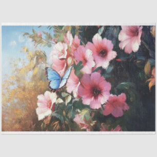Papel De Seda Mariposa Azul Flores Rosas Pintura Decoupage