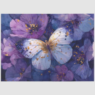 Papel De Seda Mariposa Azul sobre Flores Purpúreas