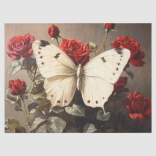 Papel De Seda Mariposa Blanca descansando entre rosas rojas vibr